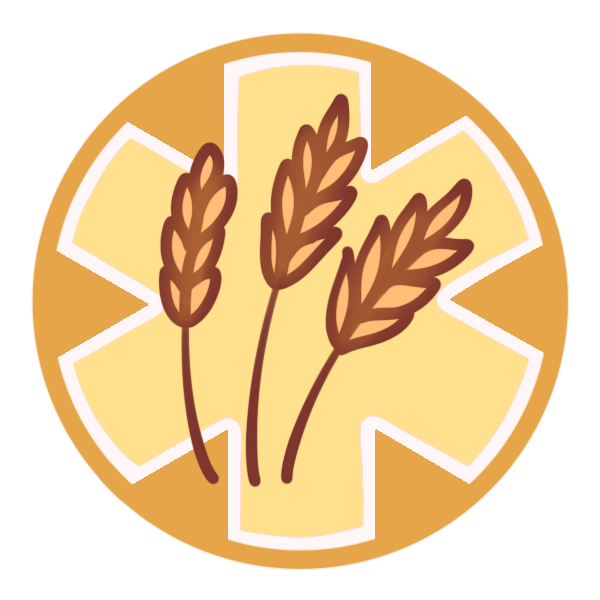 a yellow circle with a large medical alert asterisk inside it, and three heads of wheat pictured in the center.